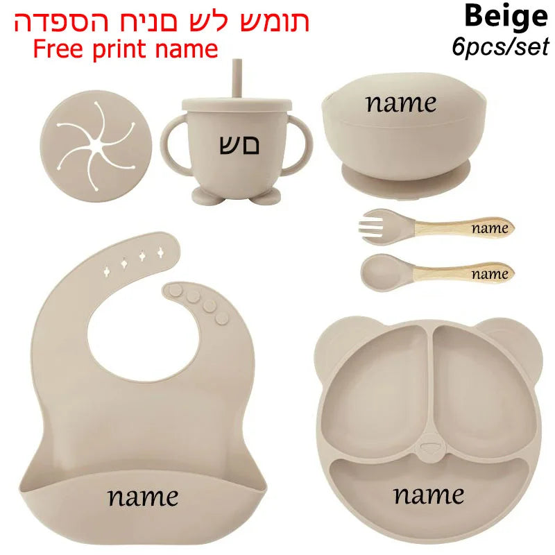 Baby Feeding Plate Sets Suction Bowl Silicone Plate For Kids 6Pcs Children Tableware Personalized Name Dinner Dishes Cups Spoon Purest Peak